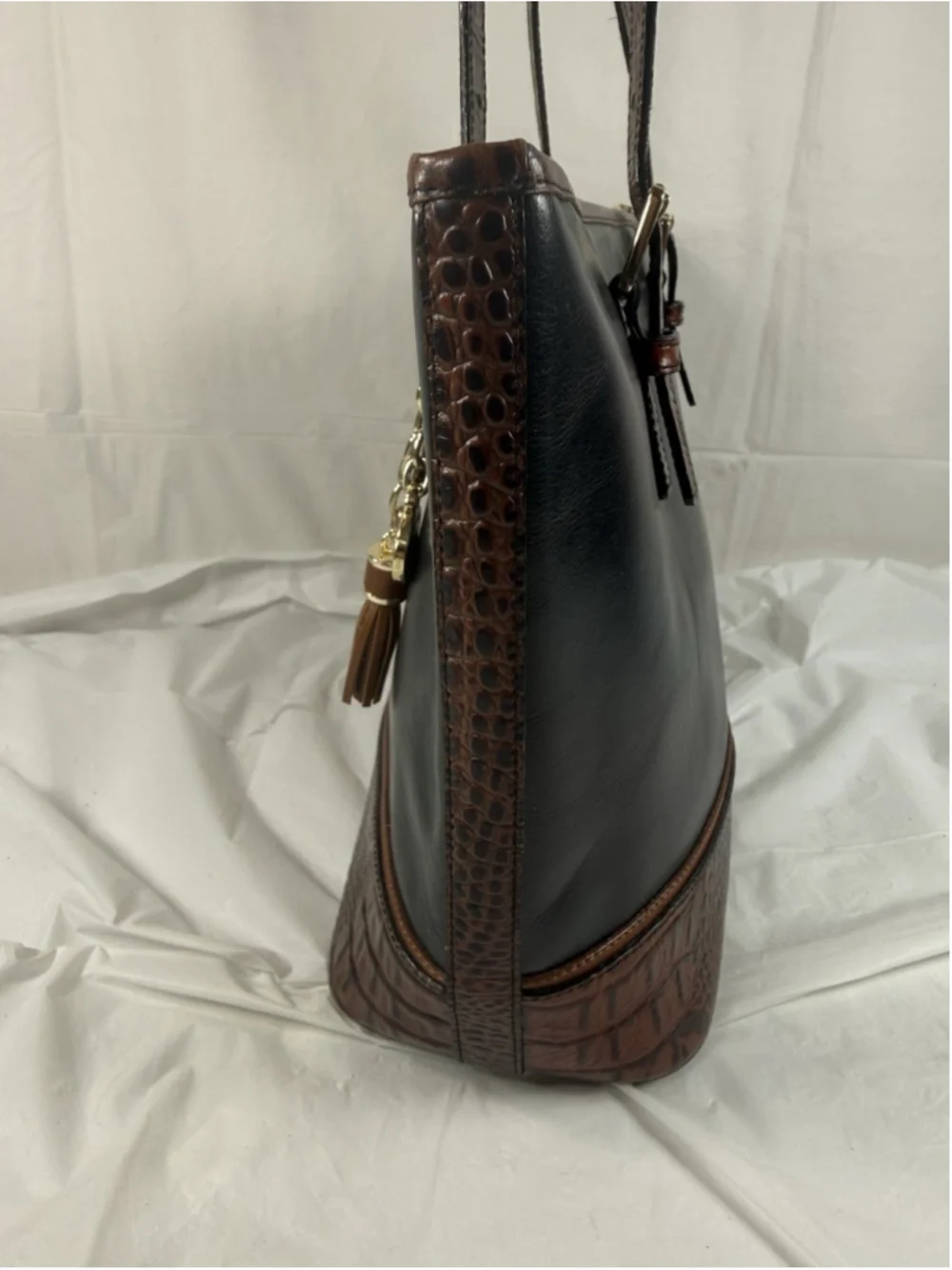 BRAHMIN Croc Embossed Leather Handbag Tote Purse Charms Black Brown